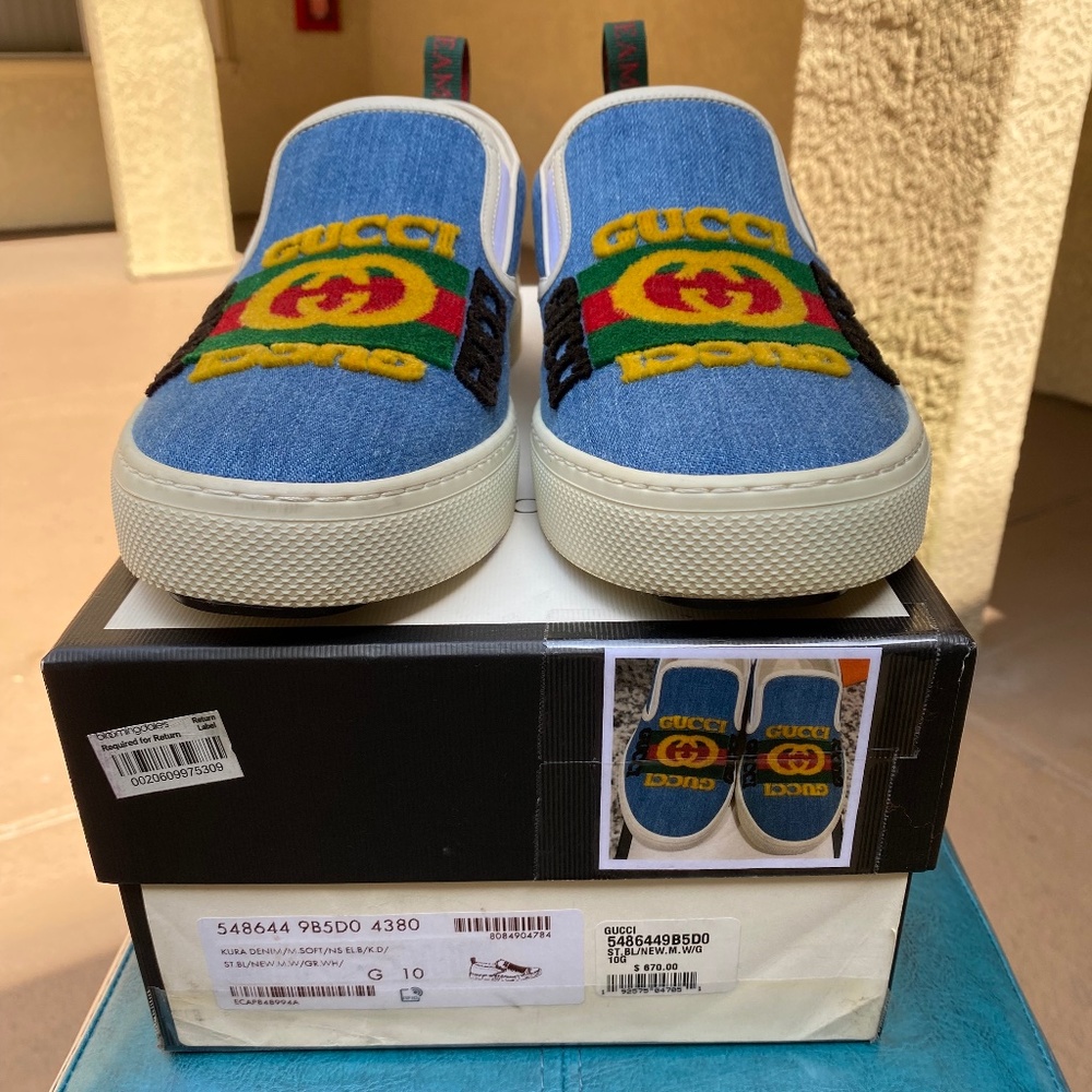 GUCCI GG Kura Denim Dublin Slip-on Sneakers 548644 G10=US10.5